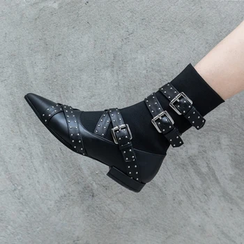 

2020 winter trend rivet belt buckle women's short boots pointed toe low heel set foot flying knit winter boots women
