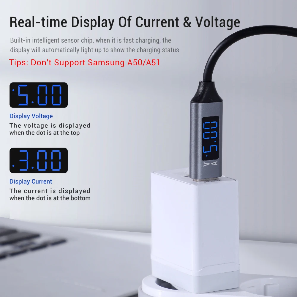Кабель зарядный TOPK USB 3 0 Type C с отображением напряжения и силы тока|cable for|cable for