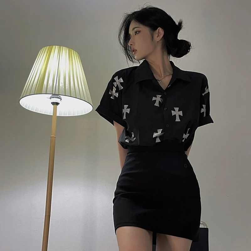 Gothic Streetwear Short Sleeve Glitter Cross Graphics Buttons Tops Y2k Blouse Hip Hop Sweatshirt Korean Fashion Punk women Shirt
