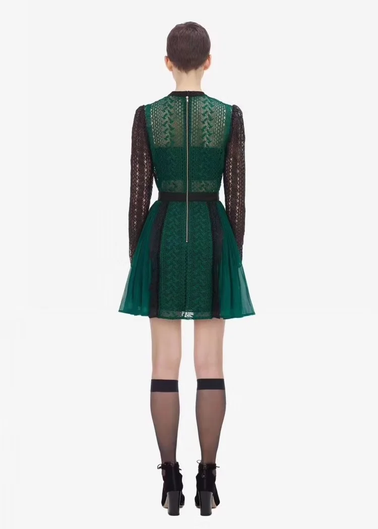 Высокое качество Осень Зима Новая коллекция платье для автопортретов элегантное с длинными рукавами Плиссированное зеленое кружевное платье