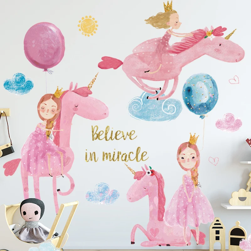 

DIY Fairy Tale World Painted Pink Princess Unicorn Wall Stickers for Kid Room Girls Room Decoration Nursery Classroom Wall Decor