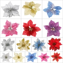 12pcs/lot Artificial Christmas Flowers Plastic&Cloth Glitter Hollow Flower For Christmas Tree Decoration DIY Xmas New Year Decor