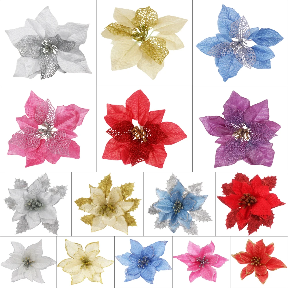 12 шт./лот Искусственные Рождественские цветы пластиковые и тканевые блестящие