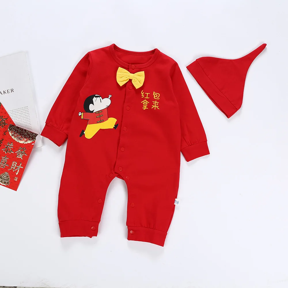 

2019 Spring New Products Baby Clothes Years Service Festive Baby Clothes Cotton Bright Red Romper Two Piece Set