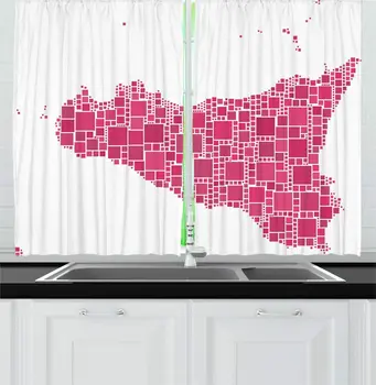 

White Pink Sicily Kitchen Curtains Map Italian Island Formed Different Sized Squares on Plain Background Window Drapes