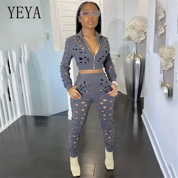 

YEYA Summer Tracksuits Women Sets Hole Zipper Top+Pants Suit Two Piece Set Sporty Bodycon Night Club Party Overall Outfits