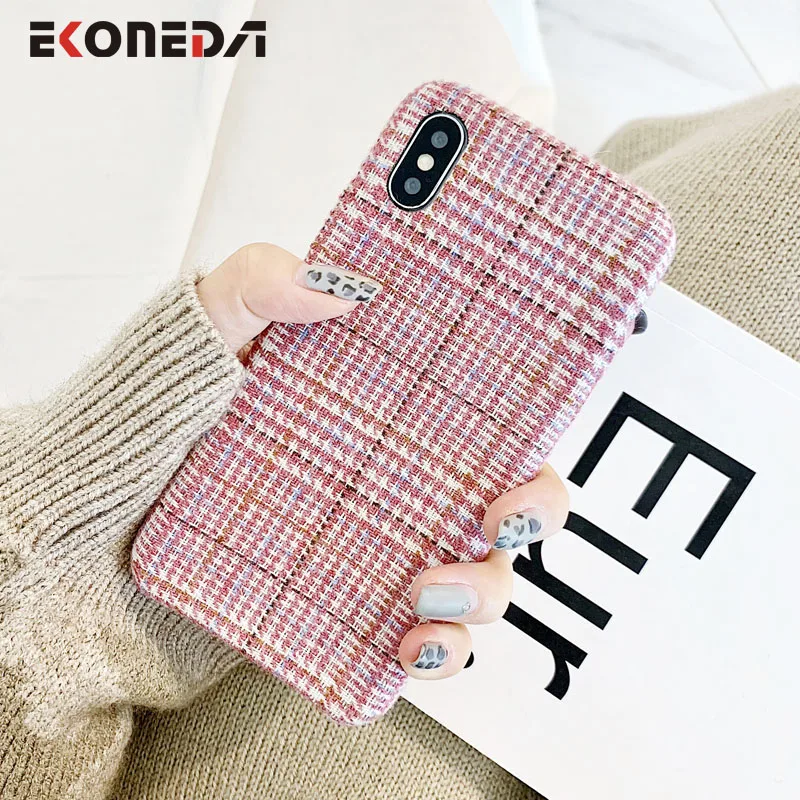 

EKONEDA Pink Plaid Warm Cloth Case For iPhone 11 Pro Max XR Case Fabric Girl Cover For iPhone 7 6S 8 Plus X XS Max Case