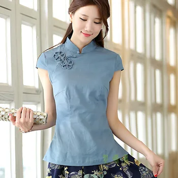 

2020 Summer Chinese Traditional Women Top Solid Blouse Cotton Linen Shirt Vintage Handmade Button Shirts Short Sleeve Costume