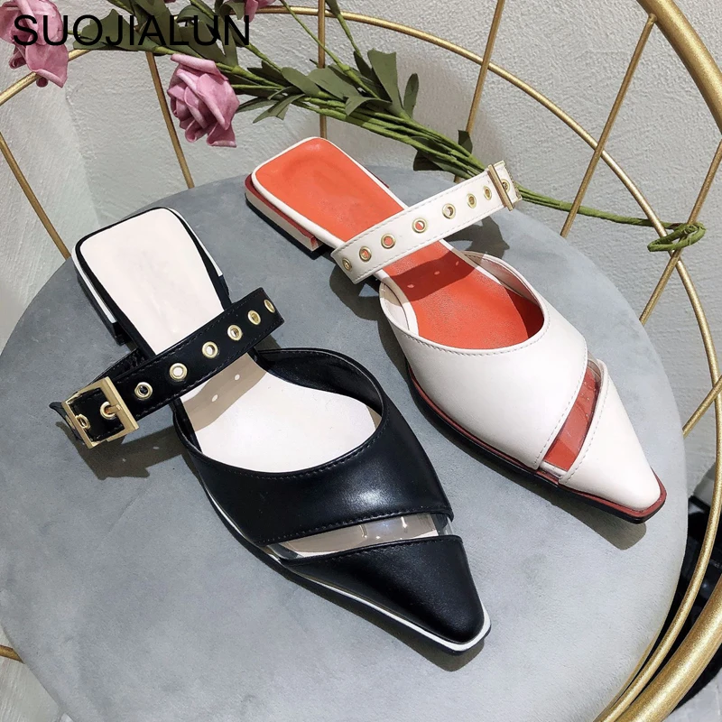 

SUOJIALUN 2020 Brand Spring Summer Slippers Slip On Casual Slip On Sandal Slippers Fashion Metal Buckle Outdoor Mules Slippers