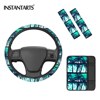 

INSTANTARTS Tropical Coconut Tree Pattern 5pcs/Set Car Steering Wheel Protector Washable Car Armrest Cover Seatbelt Covers Soft