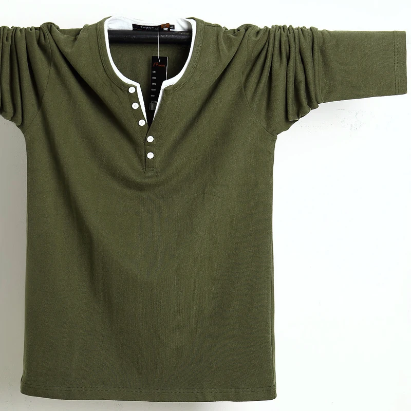 Осень весна мужская футболка с пуговицами ожирение большой рост хлопок длинный рукав Мужская Большой размер Повседневная футболка одноцветная 5xl 6xl подходит футболка Топ - Цвет: Армейский зеленый
