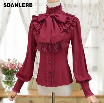 

Spring autumn Vintage Women stand collar Shirt lantern sleeve lace bow Chiffon Ruffle Blouse Long Sleeve