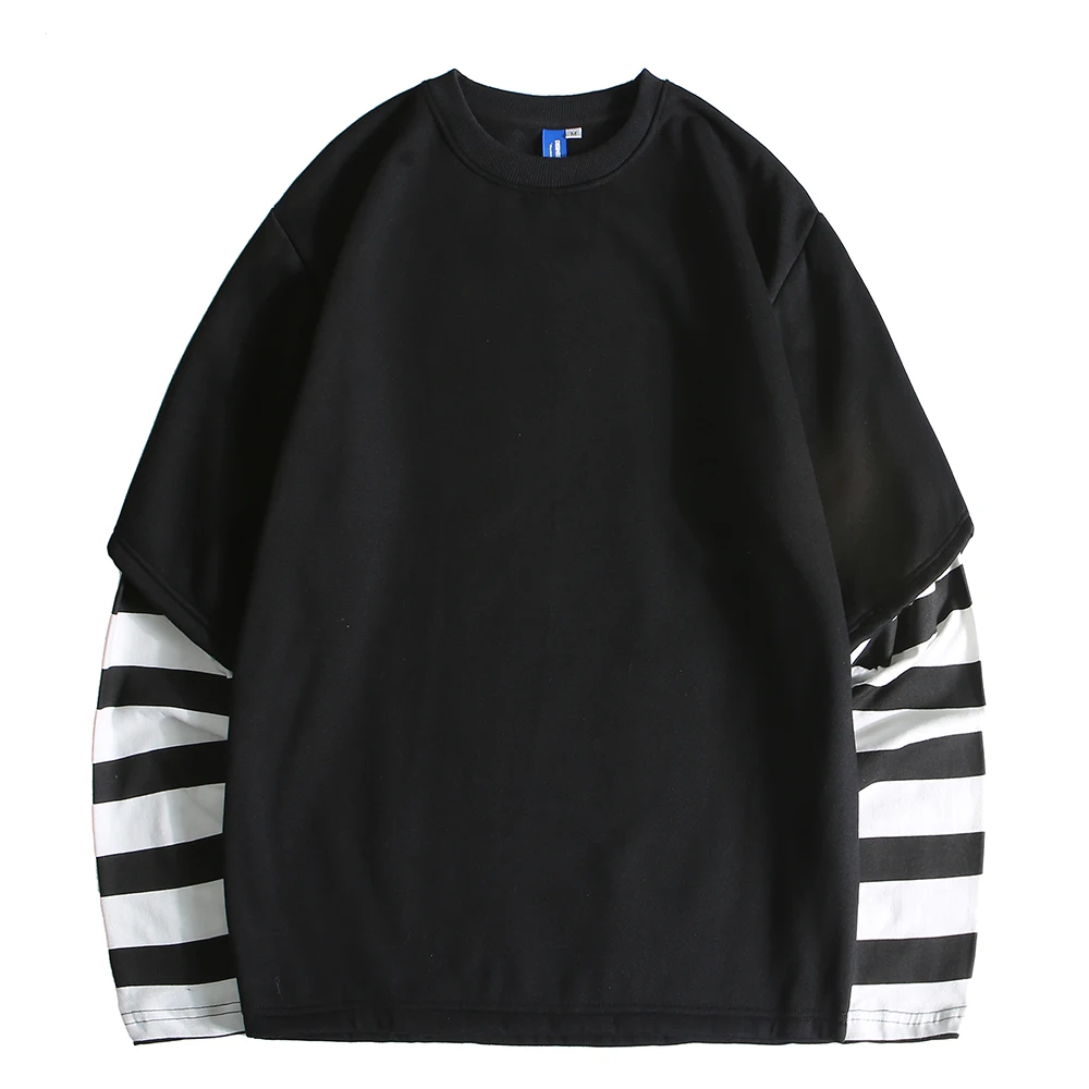 Поддельные 2 шт ДИЗАЙНЕР Oversize футболка однотонная Casual винтажная Tshirt лонгслив