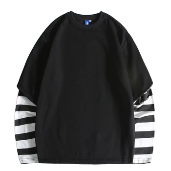 

Fake 2-Pcs Designer Fleece Streetwear Striped Women Tshirt Gothic Black Shirt Sloth Tees Vintage Oversized Clothes Spring