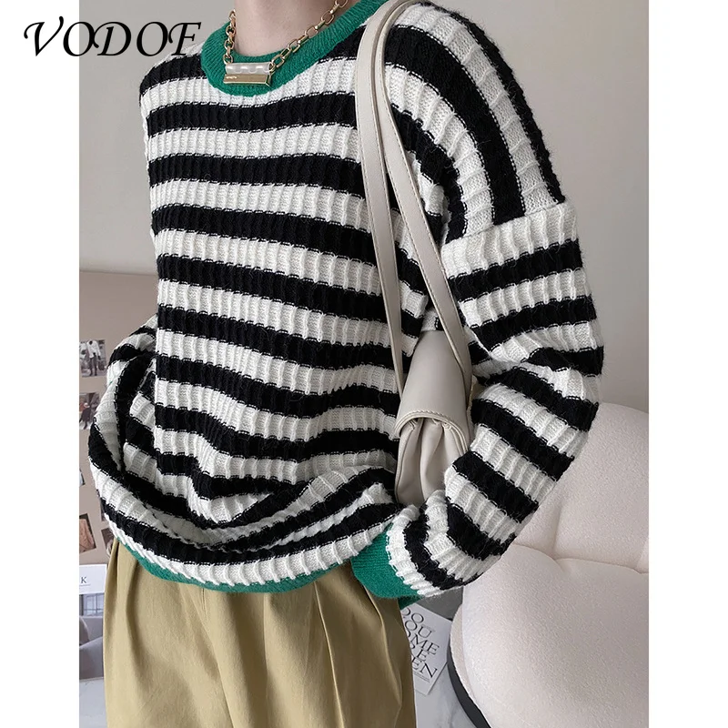

VODOF Women's High Quality Striped Print Sweatshirt Oversized Long Sleeve O-Neck Loose Pullover Women's Top Womens Clothing