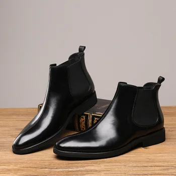 

Ankle Men Leather Boots Large Size Cowhide Shoes European Style Leather Short Boots Soft Bottom Genuine Leather Pointed Toe
