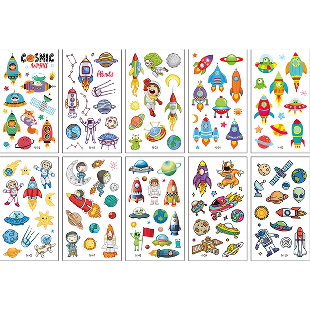 10Pcs/lot Cartoon Tattoo Stickers Children Hands Arm Unicorn Temporary Fake Tattoos Kids Birthday Party Decorations DIY Body Art space1