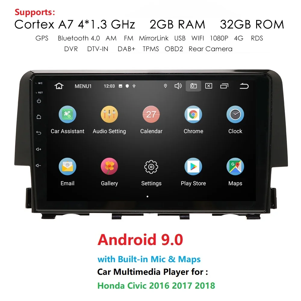 

Android 9.0 Car Radio 2 Din 9 inch GPS Navi for Honda CIVIC 2016 2017 2018 2Gb+32Gb HDMI RDS WIFI BT Mirror Link TPMS OBD2 DVR