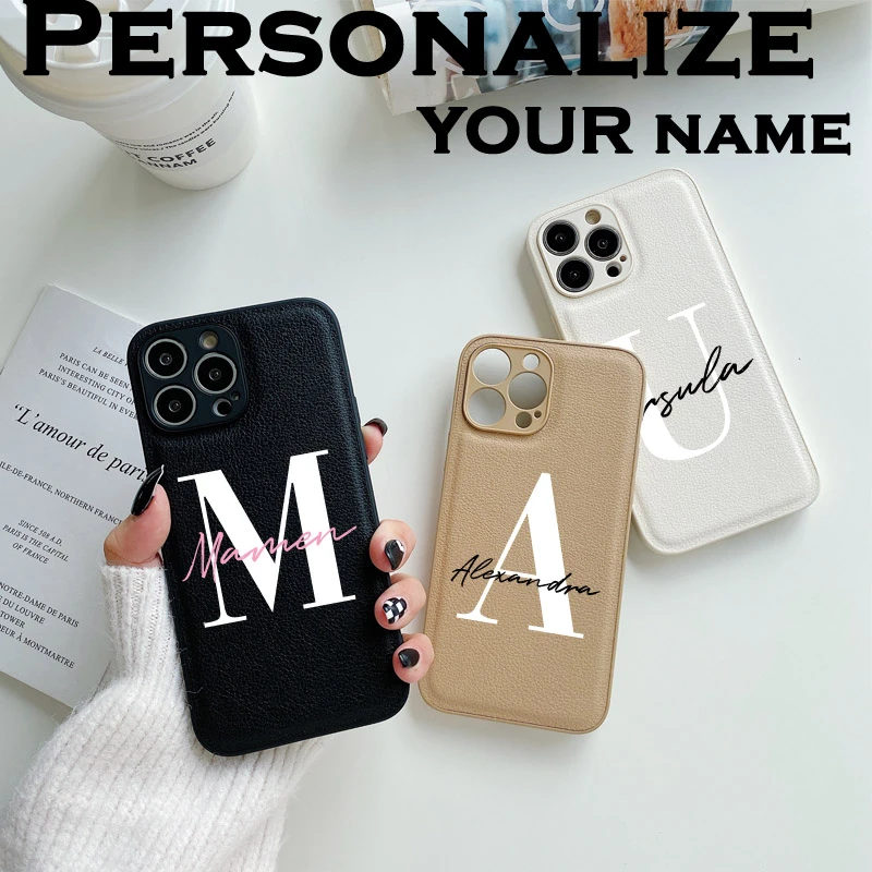 iphone 13 pro max case Personal Customize Monogram Initial Name Luxury Leather Case for iPhone 13 12 11 Pro Max 7 8 Plus X XR XS Max Case soft PU Cover iphone 13 pro phone case