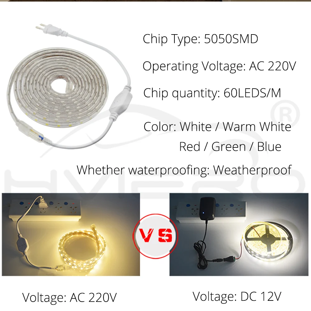 Водонепроницаемый 5050 SMD, Светодиодная лента переменного тока 220 В, гибкая светодиодная лента, праздничный светильник, настольная лампа, лампа для книг, уличный садовый светильник, с европейской вилкой