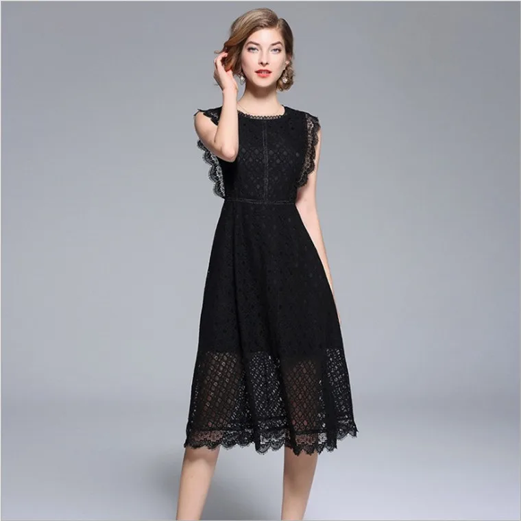 

Photo Shoot Europe And America WOMEN'S Dress 2018 Summer New Style Mid-length Sleeveless Dress Women's Hollow out Lace Skirt
