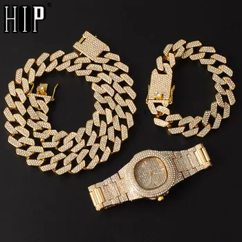 

Hip Hop 20MM 3PCS KIT Watch+Necklace+Bracelet Bling AAA+ Iced Out Alloy Rhinestones Prong Cuban Link Chains For Men Jewelry