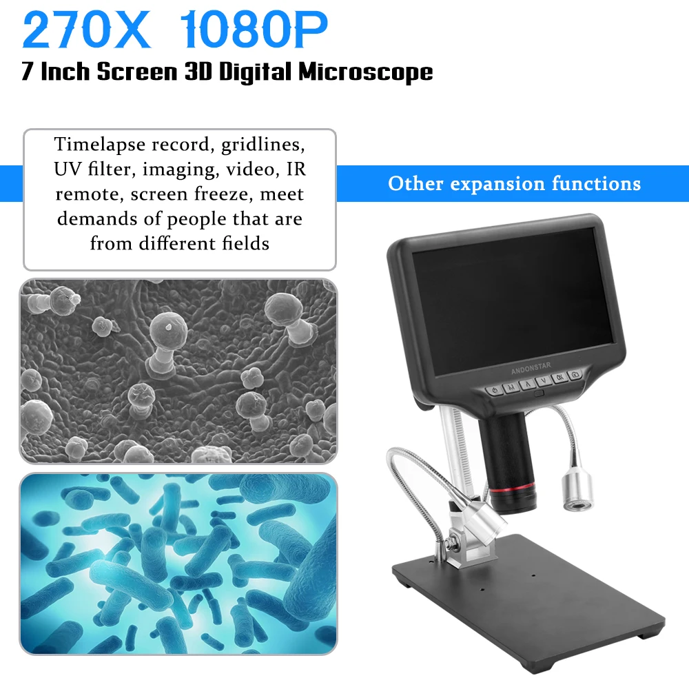 Andonstar AD407 7 дюймов Экран 3D Цифровые микроскопы 270X высокой четкости мультимедийные Интерфейс с объективом длинного расстояния по изготовлению микроскопов
