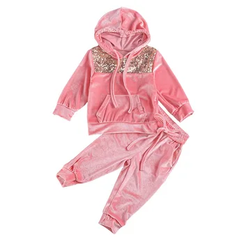 

1-6Y Kids Baby Girl Sequins Long Sleeve Hooded Sweatshirt Tops Long Pant 2PCS Velvet Warm Autumn Clothes Set