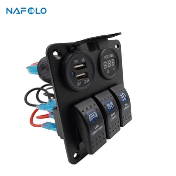 

3 Gang Rocker Switch Panel Power Socket DC12V 24V 3.1A Dual USB Wiring Kits LED Digital Voltmeter for Marine Boat Yacht Car