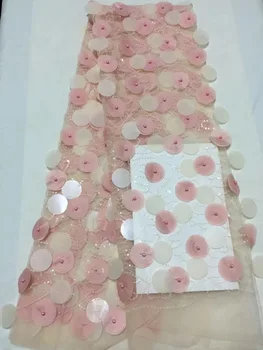 

Pink French Lace Fabric With Sequins Beads Pearls High Quality Net Guipure Embroidered Mesh French Tulle Dress CD21301
