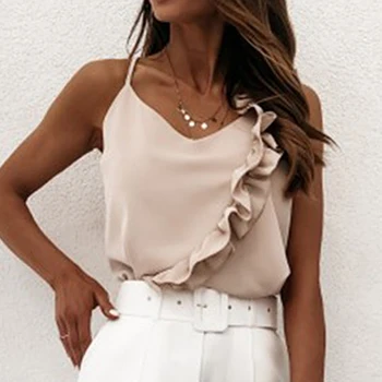 

Women's V Neck Ruffle Strap Trim Cami Tank Sleeveless Tops Casual Loose Racerback Ladies Asymmetry Camisole