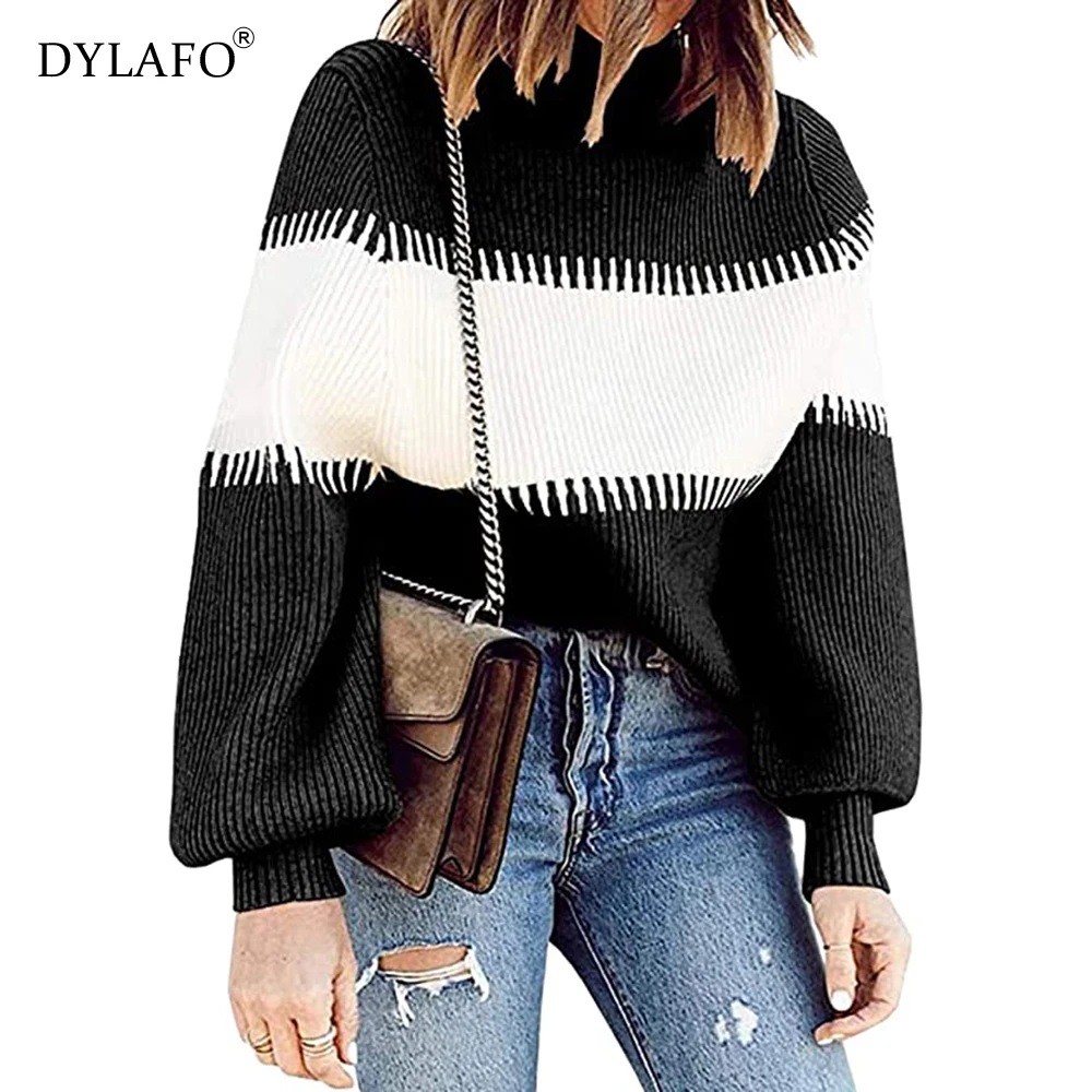 Casual Striped Patchwork Turtleneck Sweater Women