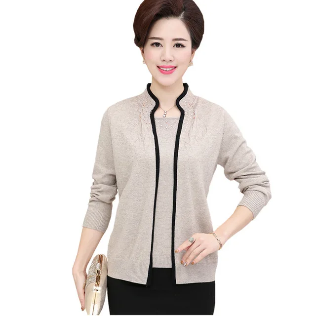 Бежевый Женский кашемировый свитер теплый вязаный элегантный blusa tricot осень зима плюс размер поддельные свитера из двух частей Одежда для мамы - Цвет: Бежевый