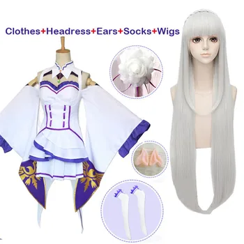 

Re Zero Kara Hajimeru Isekai Seikatsu Emilia Wigs Cosplay Costumes Women Dress With Headdress For Halloween Party