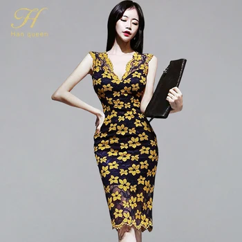 

H Han Queen Elegant Occupation Flowers Lace Dress Women Summer Sleeveless Sheath Bodycon Dresses Wear To Work Pencil Vestidos