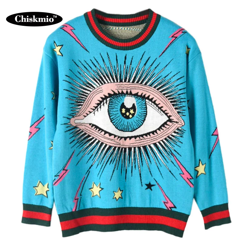 Chiskmio Big Eyes Pattern Knitted Tops Blue Pullover Women Sweater Loose Knitting Pullovers Ladies Jumper Striped Edge | Женская одежда