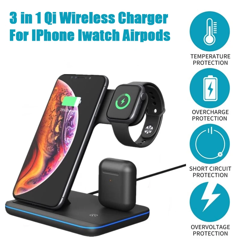 3 в 1 15 Вт Qi Беспроводное зарядное устройство подставка для Iphone 11 XR Apple Watch IWatch 4 2