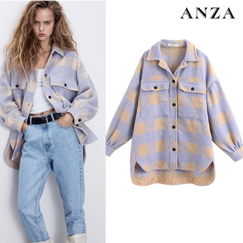

ZA 1:1 Women Summer Tweed Coat Plaid Printed Long sleeve Button Purple Oversize Coat