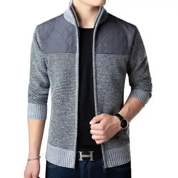 

Stand Sleeve Cardigan Sweater Collar Jacket Winter Autumn Contrast Long Men Casual Slim Patchwork Zipper Color J636