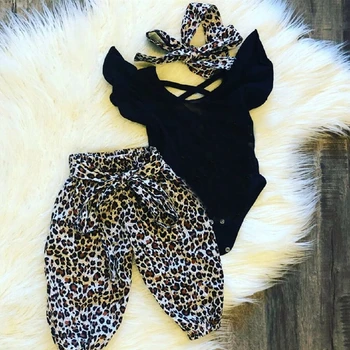 

2020 Newborn Baby Girl Clothes Set Ruffle Ome Pieces Bodysuit Tops+Leopard Pants headband 3PCS Outfits Sets Suits 0-18M