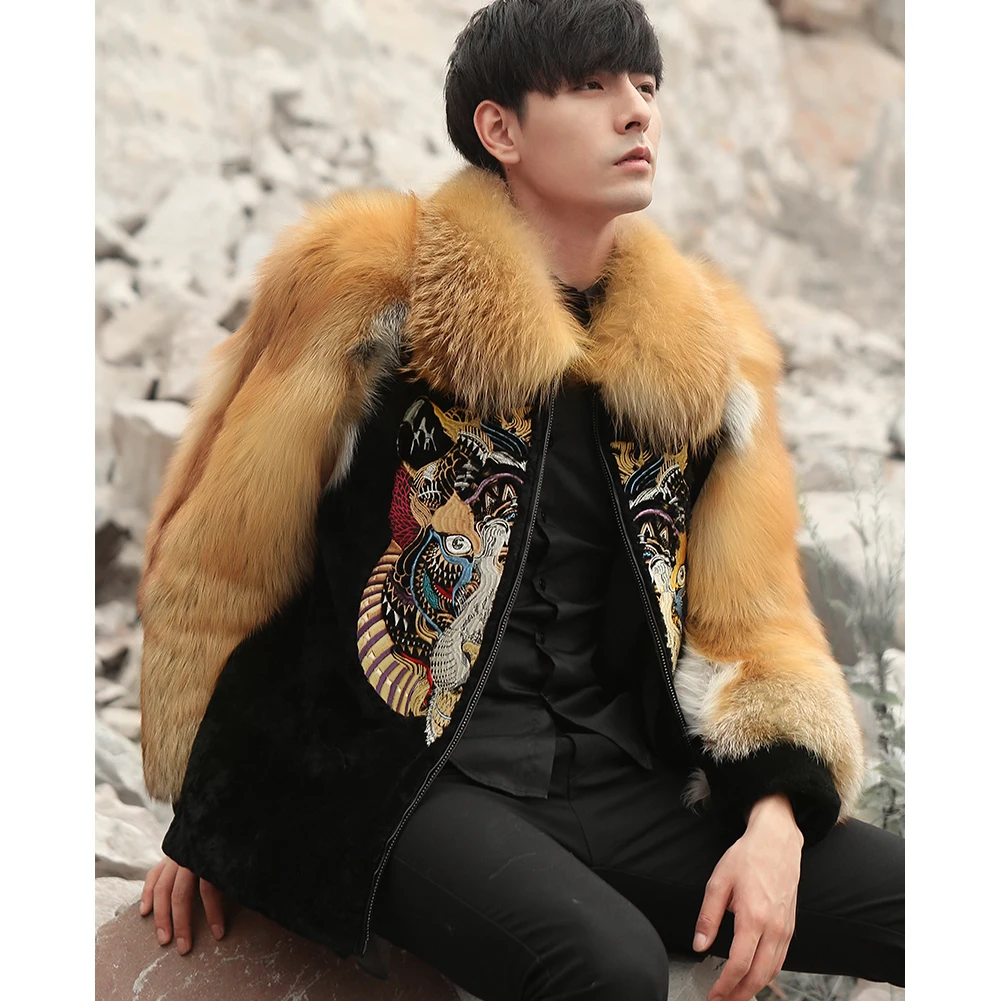 Mens Sheepskin Shearling Jacket Fox Fur 