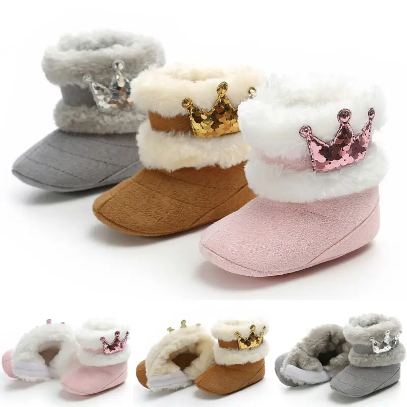 Зимние теплые сапоги для новорожденных девочек принцесса блестящая корона кашемир плюшевая детская обувь для малышей младенцев Дети Мягкие меховые сапоги