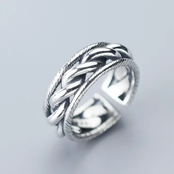 

Oxidized Retro Ring 100% 925 Sterling Silver Jewelry Hemp Rope Layered Ring Adjustable Stacking Wide Ring Women Luxury Gift