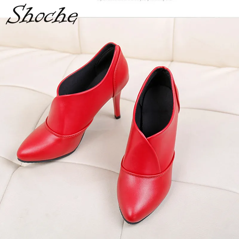 Shoche/ботильоны; женская модная обувь; коллекция года; черные, красные короткие ботинки; женская обувь на высоком каблуке с острым носком; обувь без шнуровки на 8 см; большие размеры