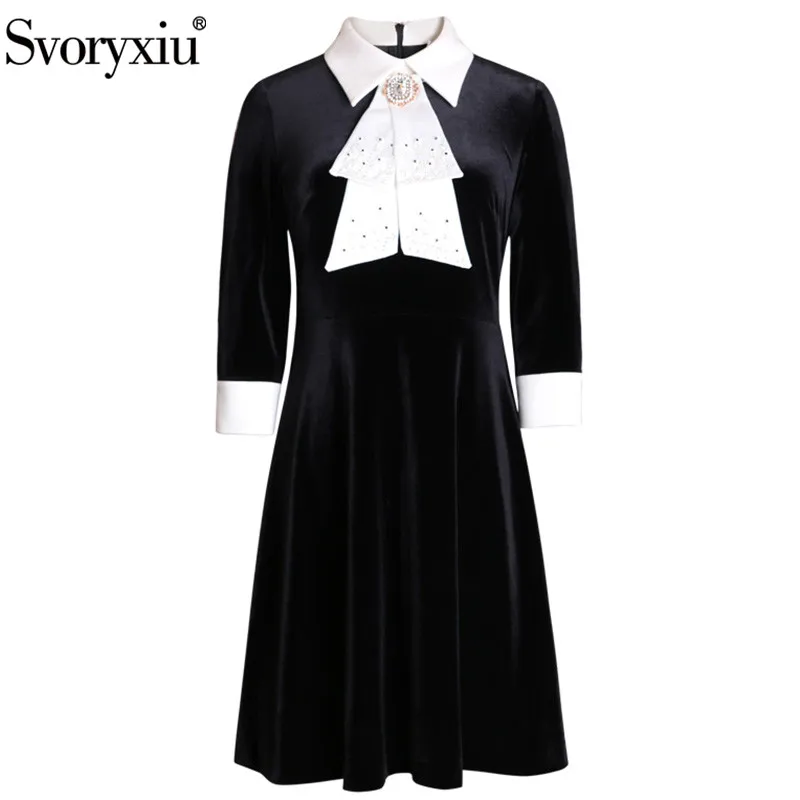 Svoryxiu Runway Herfst Winter Vintage Zwart Fluwelen Jurk vrouwen Mode 3/4 Mouwen Crystal Diamond Knop Slanke Korte Jurken