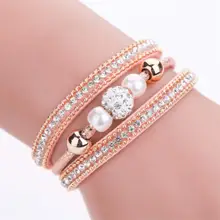 Женский многослойный браслет с кристаллами из бисера кожаный магнитный браслет Модный бриллиантовый шар жемчужный браслет