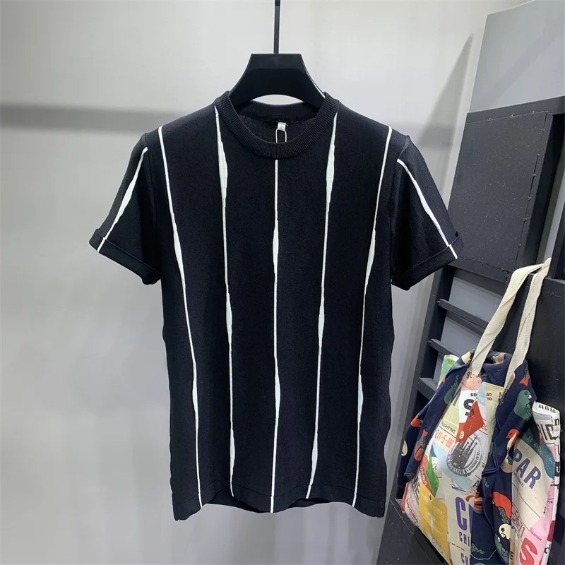 

Summer 2022 T-shirt Men Casual Ice Silk Knitted Tees Male Knitwear Man Round Neck Short Sleeve Striped Pullover Sweaters B216