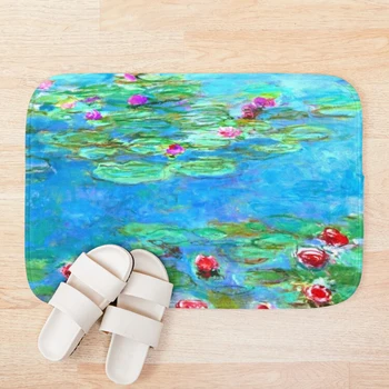 

Claude Monet - Cyan Blue Water Lilies Nymphéas Vert d eau Bath Mat Bathroom Bath Mat Set Mirrofiber Cartoon Bath Rug Set