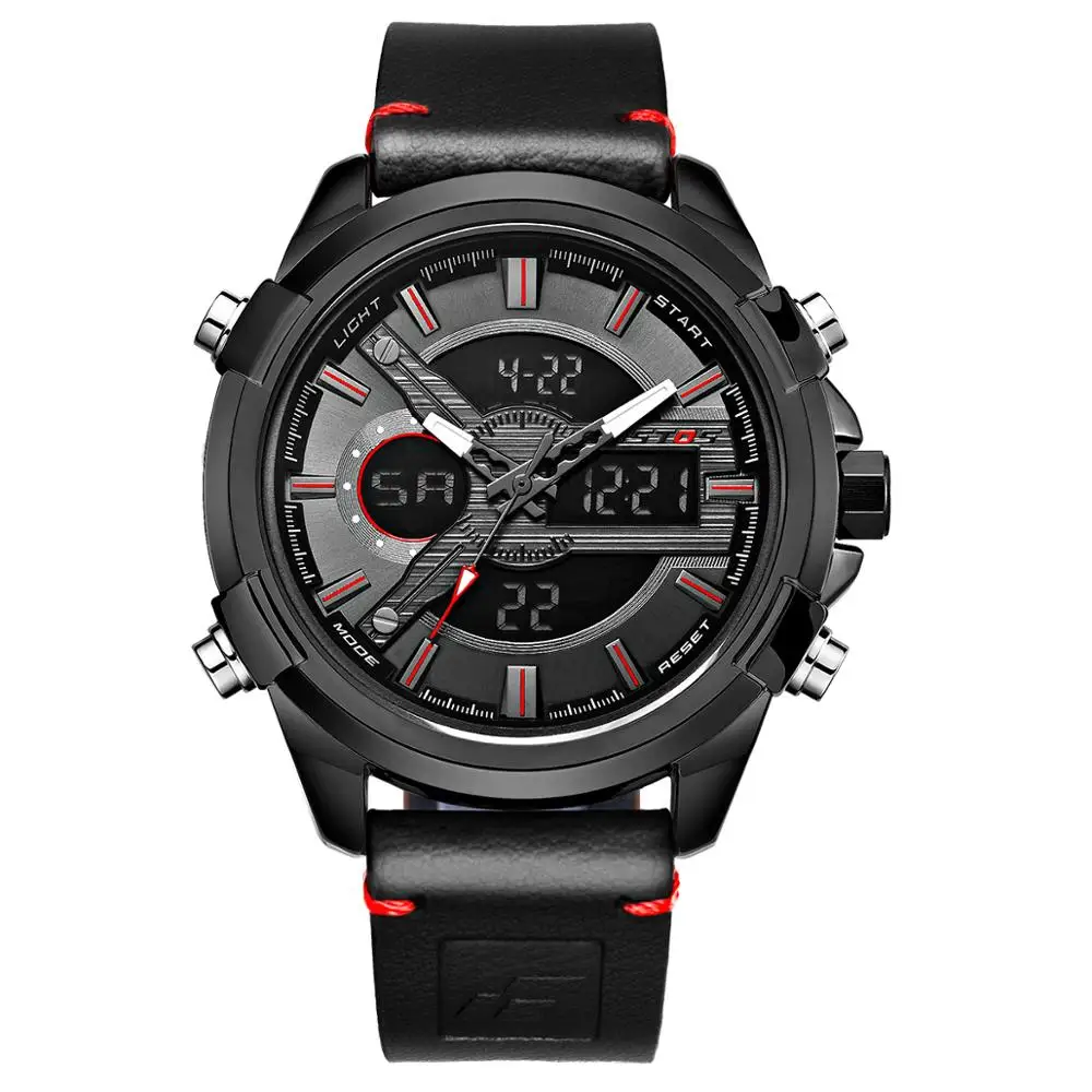 Black Red Ristos Модные мужские Кварцевые спортивные часы с аналоговым и цифровым дисплеем с кожаным ремешком, мужские часы, Водонепроницаемый двойные наручные часы женские часы 9416 - Цвет: Black Red