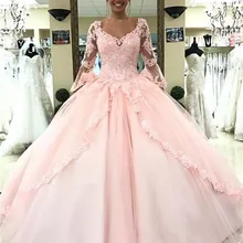 Элегантные розовые Бальные платья с v-образным вырезом и длинными рукавами на шнуровке сзади vestidos de 15 платье для девочек 16